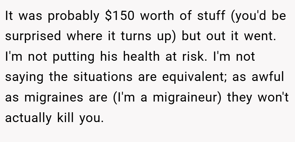 It was probably $150 worth of stuff (you'd be surprised where it turns up) but out it went. I'm not putting his health at risk. I'm not saying the situations are equivalent; as awful as migraines are (I'm a migraineur) they won't actually kill you.