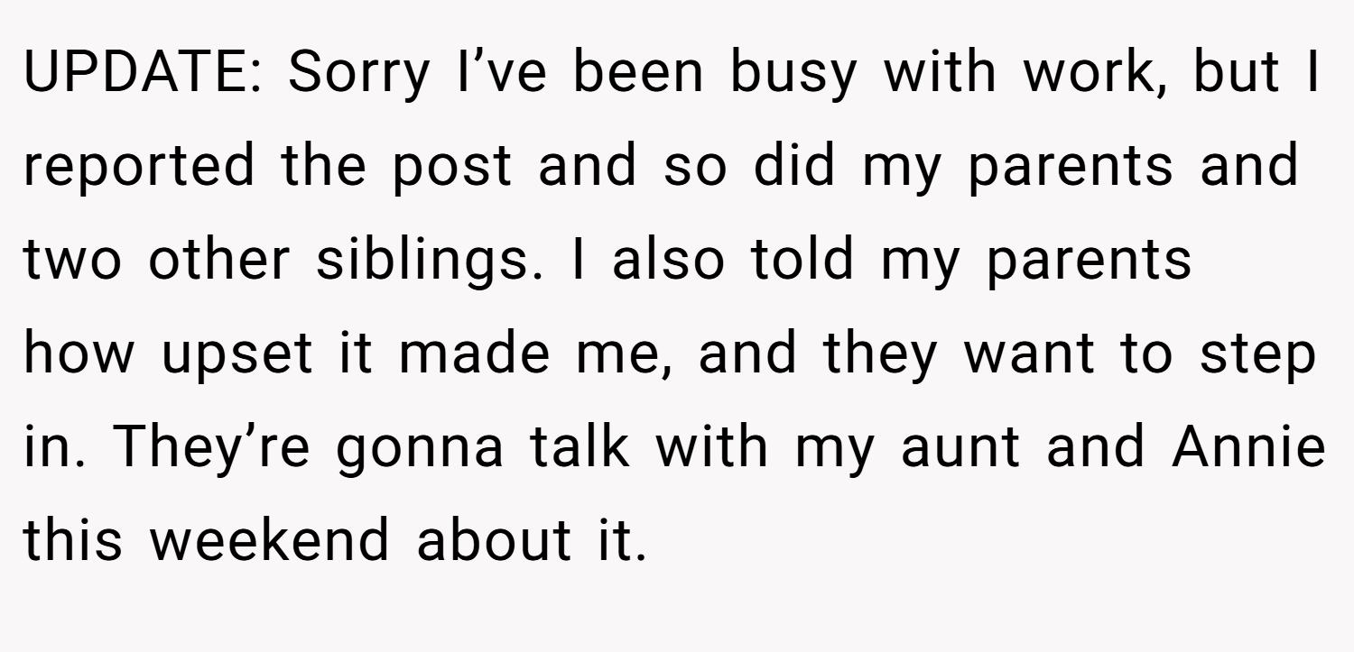 UPDATE: Sorry I’ve been busy with work, but I reported the post and so did my parents and two other siblings. I also told my parents how upset it made me, and they want to step in. They’re gonna talk with my aunt and Annie this weekend about it.