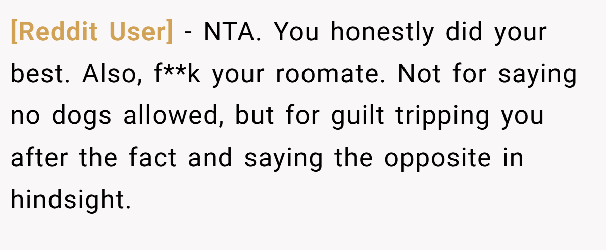 [Reddit User] − NTA. You honestly did your best. Also, f**k your roomate. Not for saying no dogs allowed, but for guilt tripping you after the fact and saying the opposite in hindsight.