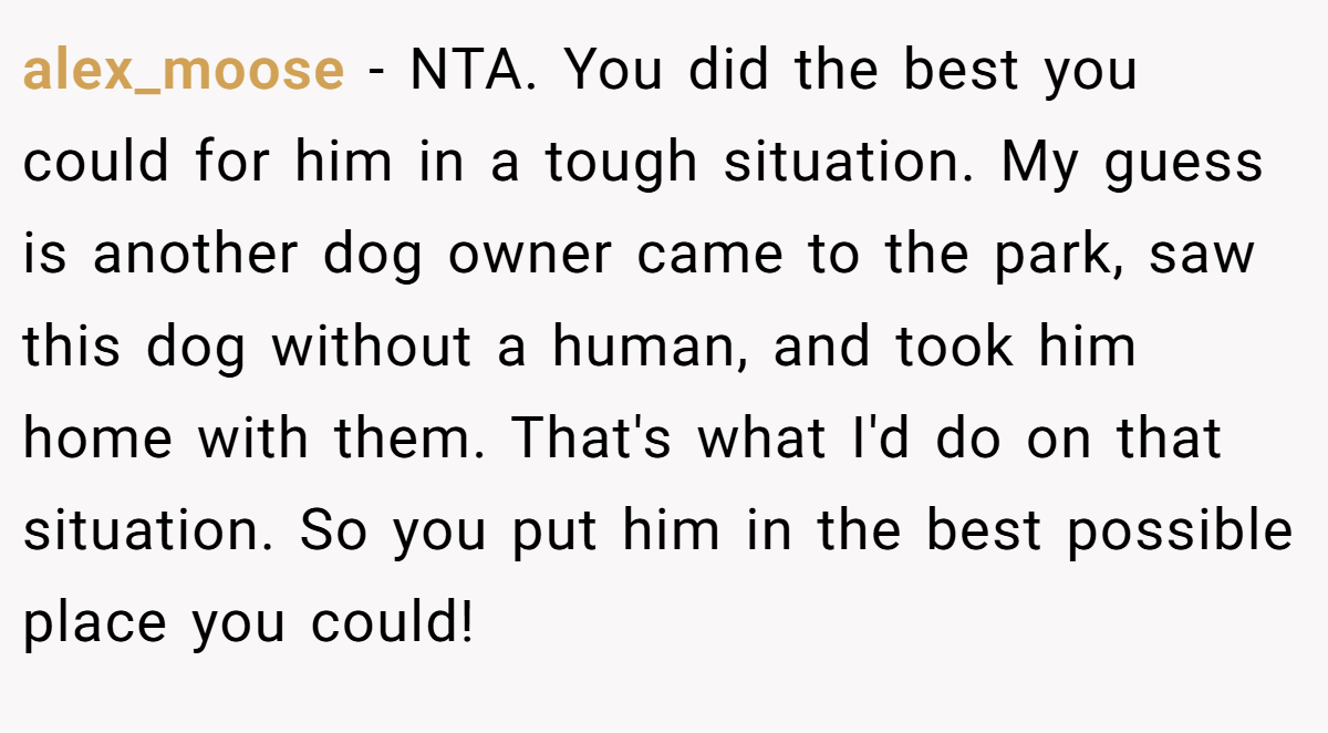 alex_moose − NTA. You did the best you could for him in a tough situation. My guess is another dog owner came to the park, saw this dog without a human, and took him home with them. That's what I'd do on that situation. So you put him in the best possible place you could!