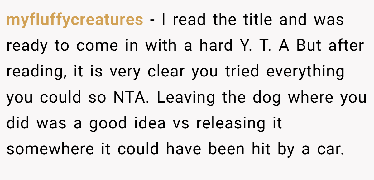 myfluffycreatures − I read the title and was ready to come in with a hard Y. T. A But after reading, it is very clear you tried everything you could so NTA. Leaving the dog where you did was a good idea vs releasing it somewhere it could have been hit by a car.