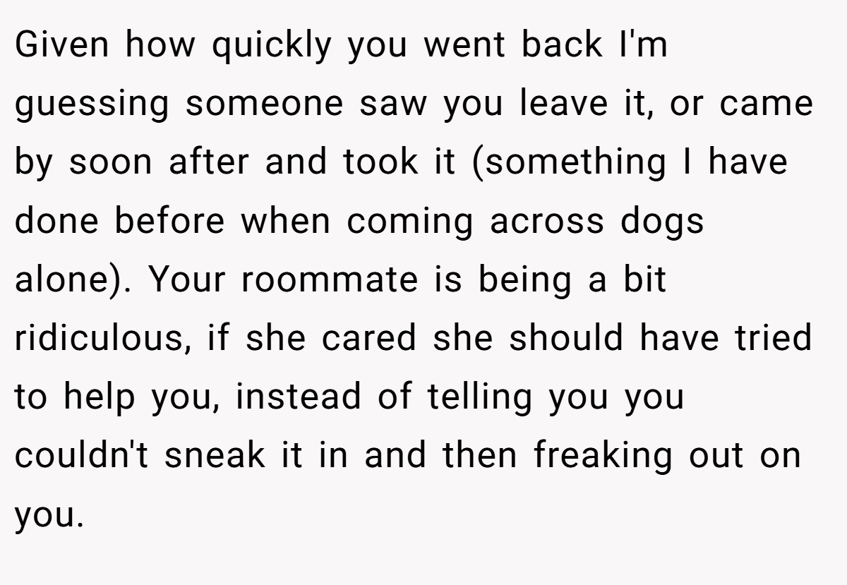 Given how quickly you went back I'm guessing someone saw you leave it, or came by soon after and took it (something I have done before when coming across dogs alone). Your roommate is being a bit ridiculous, if she cared she should have tried to help you, instead of telling you you couldn't sneak it in and then freaking out on you.