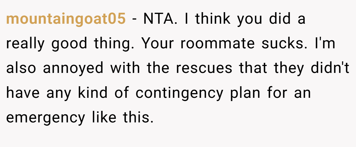 mountaingoat05 − NTA. I think you did a really good thing. Your roommate sucks. I'm also annoyed with the rescues that they didn't have any kind of contingency plan for an emergency like this.