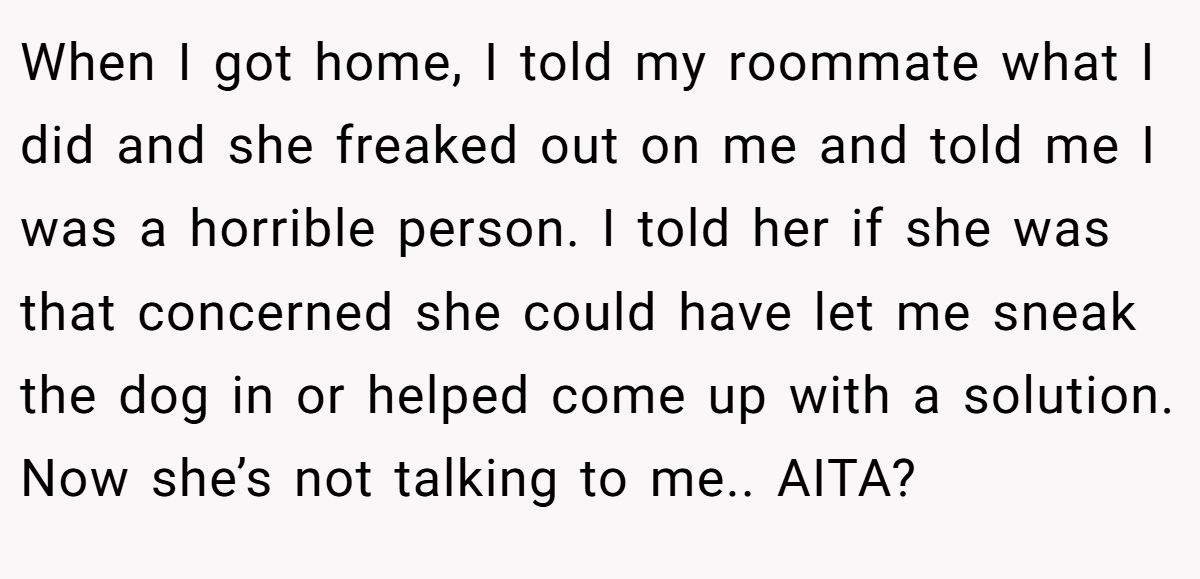 When I got home, I told my roommate what I did and she freaked out on me and told me I was a horrible person. I told her if she was that concerned she could have let me sneak the dog in or helped come up with a solution. Now she’s not talking to me.. AITA?