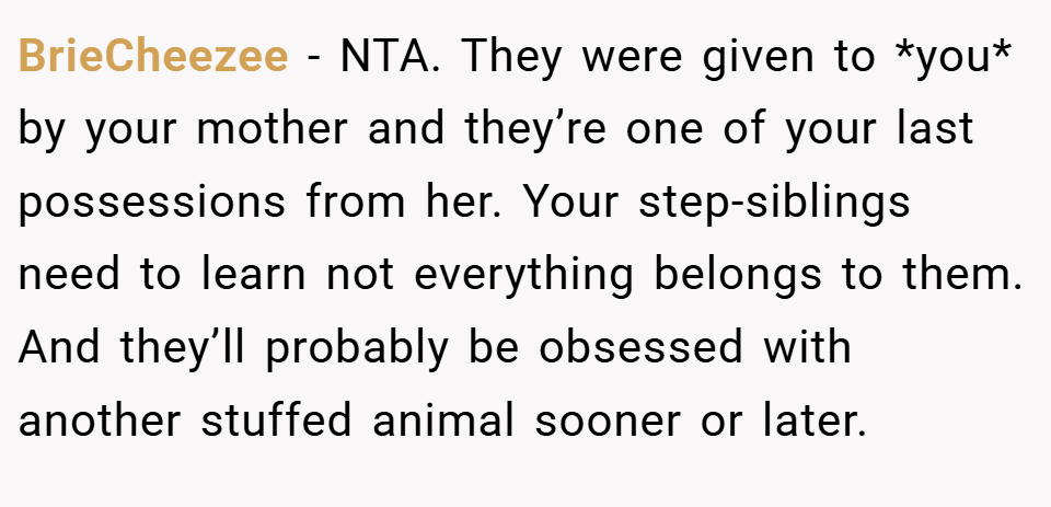 BrieCheezee − NTA. They were given to *you* by your mother and they’re one of your last possessions from her. Your step-siblings need to learn not everything belongs to them. And they’ll probably be obsessed with another stuffed animal sooner or later.