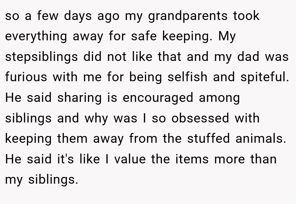 so a few days ago my grandparents took everything away for safe keeping. My stepsiblings did not like that and my dad was furious with me for being selfish and spiteful. He said sharing is encouraged among siblings and why was I so obsessed with keeping them away from the stuffed animals. He said it's like I value the items more than my siblings.