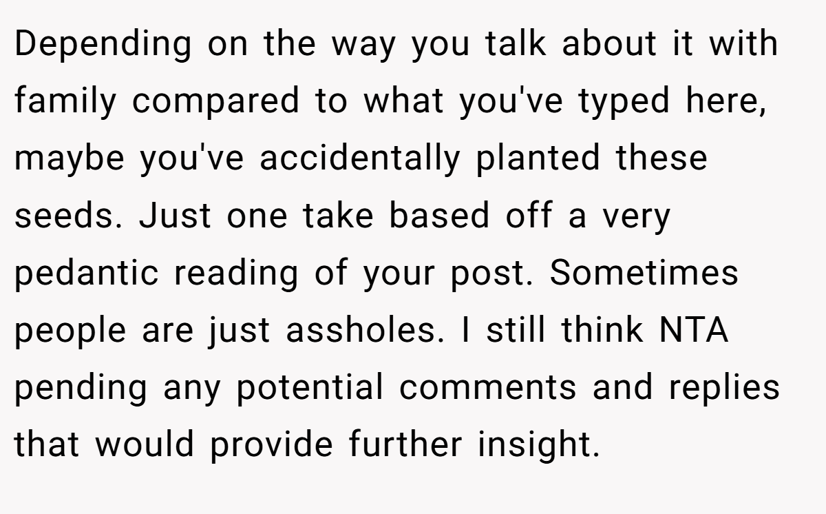Depending on the way you talk about it with family compared to what you've typed here, maybe you've accidentally planted these seeds. Just one take based off a very pedantic reading of your post. Sometimes people are just assholes. I still think NTA pending any potential comments and replies that would provide further insight.