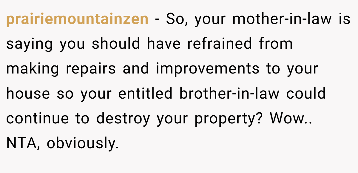 prairiemountainzen - So, your mother-in-law is saying you should have refrained from making repairs and improvements to your house so your entitled brother-in-law could continue to destroy your property? Wow.. NTA, obviously.