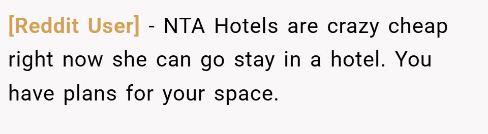 [Reddit User] − NTA Hotels are crazy cheap right now she can go stay in a hotel. You have plans for your space.