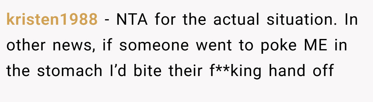 kristen1988 − NTA for the actual situation. In other news, if someone went to poke ME in the stomach I’d bite their f**king hand off