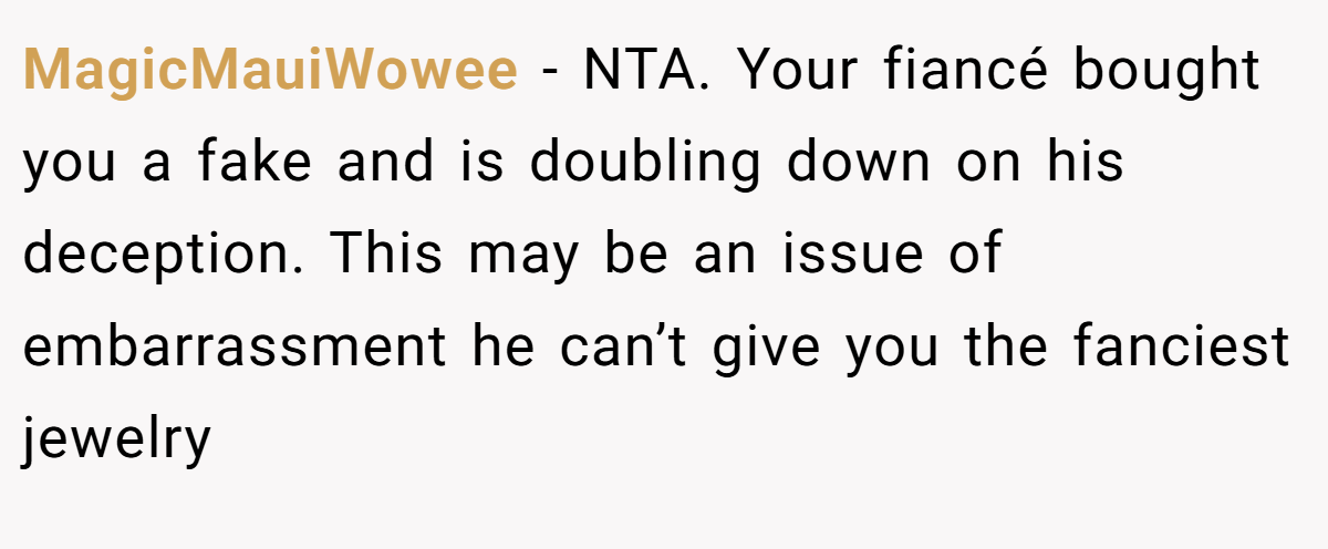 MagicMauiWowee − NTA. Your fiancé bought you a fake and is doubling down on his deception. This may be an issue of embarrassment he can’t give you the fanciest jewelry