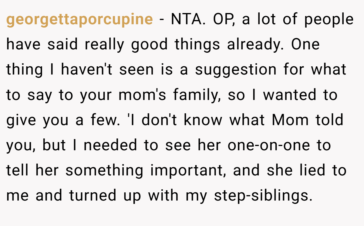 georgettaporcupine − NTA. OP, a lot of people have said really good things already. One thing I haven't seen is a suggestion for what to say to your mom's family, so I wanted to give you a few. 'I don't know what Mom told you, but I needed to see her one-on-one to tell her something important, and she lied to me and turned up with my step-siblings.