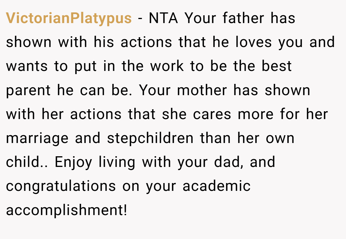VictorianPlatypus − NTA Your father has shown with his actions that he loves you and wants to put in the work to be the best parent he can be. Your mother has shown with her actions that she cares more for her marriage and stepchildren than her own child.. Enjoy living with your dad, and congratulations on your academic accomplishment!