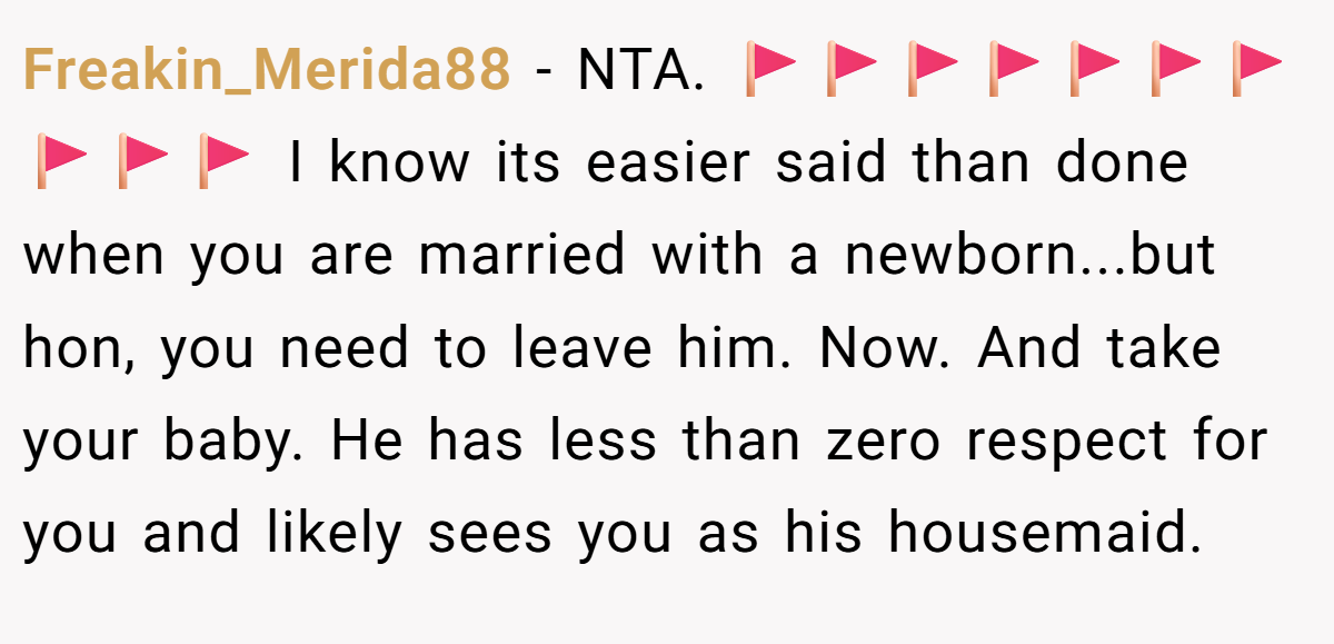 Freakin_Merida88 - NTA. 🚩🚩🚩🚩🚩🚩🚩🚩🚩🚩 I know its easier said than done when you are married with a newborn...but hon, you need to leave him. Now. And take your baby. He has less than zero respect for you and likely sees you as his housemaid.