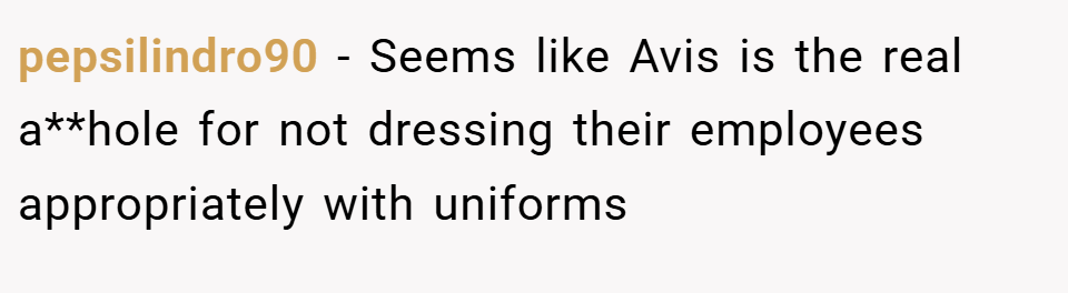 pepsilindro90 − Seems like Avis is the real a**hole for not dressing their employees appropriately with uniforms