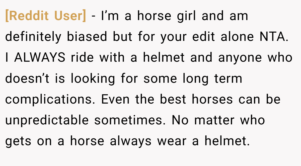 [Reddit User] − I’m a horse girl and am definitely biased but for your edit alone NTA. I ALWAYS ride with a helmet and anyone who doesn’t is looking for some long term complications. Even the best horses can be unpredictable sometimes. No matter who gets on a horse always wear a helmet.