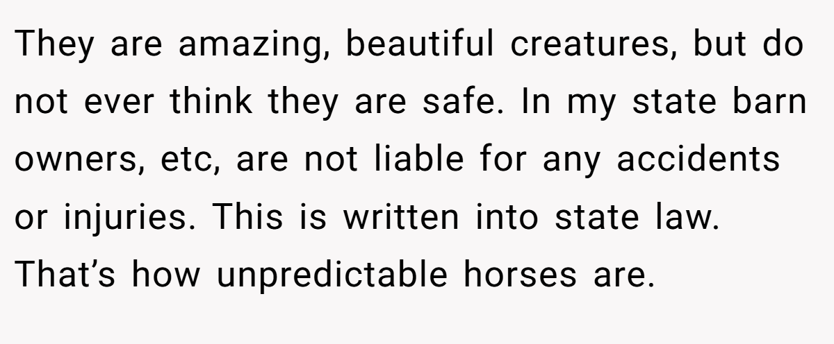 They are amazing, beautiful creatures, but do not ever think they are safe. In my state barn owners, etc, are not liable for any accidents or injuries. This is written into state law. That’s how unpredictable horses are.