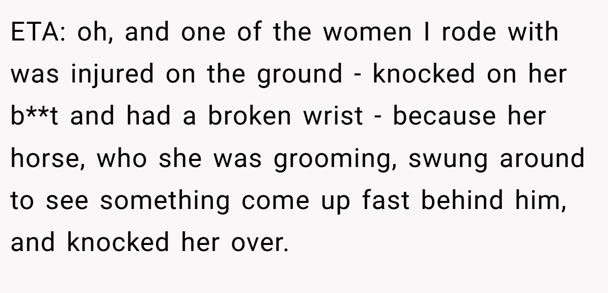 ETA: oh, and one of the women I rode with was injured on the ground - knocked on her b**t and had a broken wrist - because her horse, who she was grooming, swung around to see something come up fast behind him, and knocked her over.