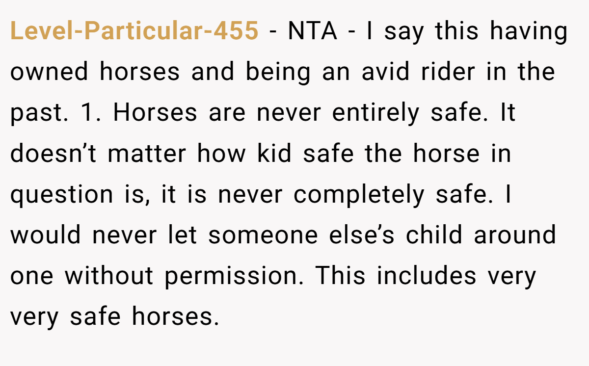 Level-Particular-455 − NTA - I say this having owned horses and being an avid rider in the past. 1. Horses are never entirely safe. It doesn’t matter how kid safe the horse in question is, it is never completely safe. I would never let someone else’s child around one without permission. This includes very very safe horses.