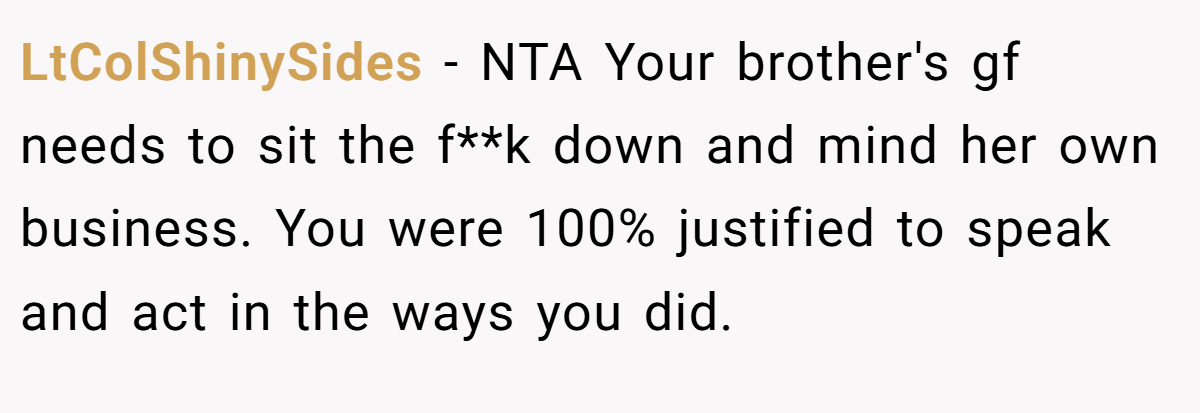 LtColShinySides − NTA Your brother's gf needs to sit the f**k down and mind her own business. You were 100% justified to speak and act in the ways you did.