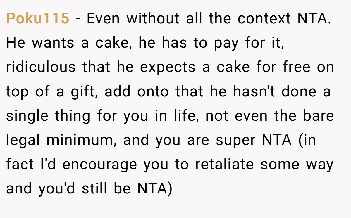 Poku115 − Even without all the context NTA. He wants a cake, he has to pay for it, ridiculous that he expects a cake for free on top of a gift, add onto that he hasn't done a single thing for you in life, not even the bare legal minimum, and you are super NTA (in fact I'd encourage you to retaliate some way and you'd still be NTA)