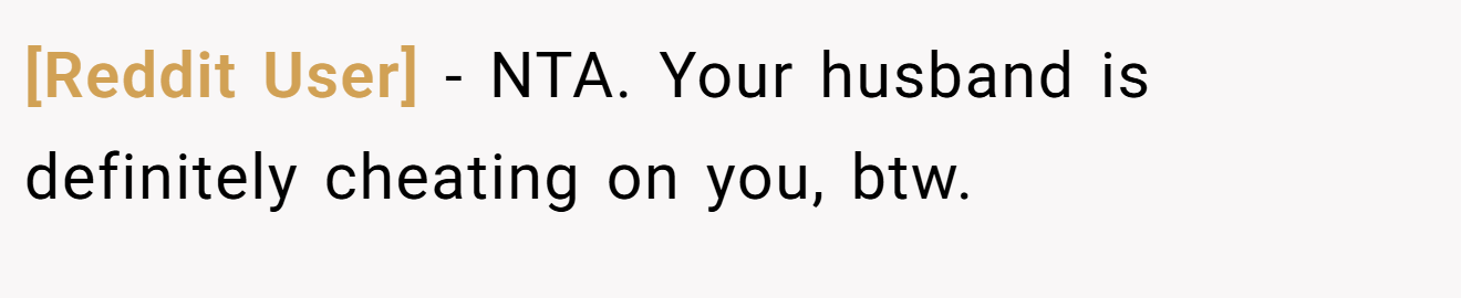 [Reddit User] - NTA. Your husband is definitely cheating on you, btw.