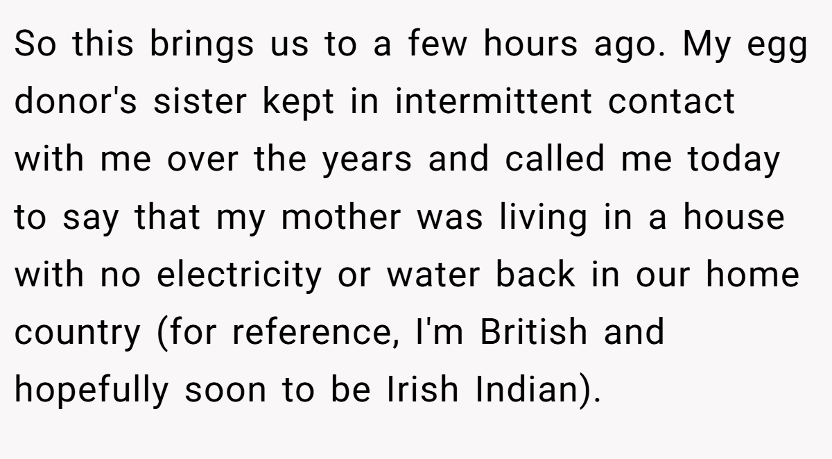 So this brings us to a few hours ago. My egg donor's sister kept in intermittent contact with me over the years and called me today to say that my mother was living in a house with no electricity or water back in our home country (for reference, I'm British and hopefully soon to be Irish Indian).