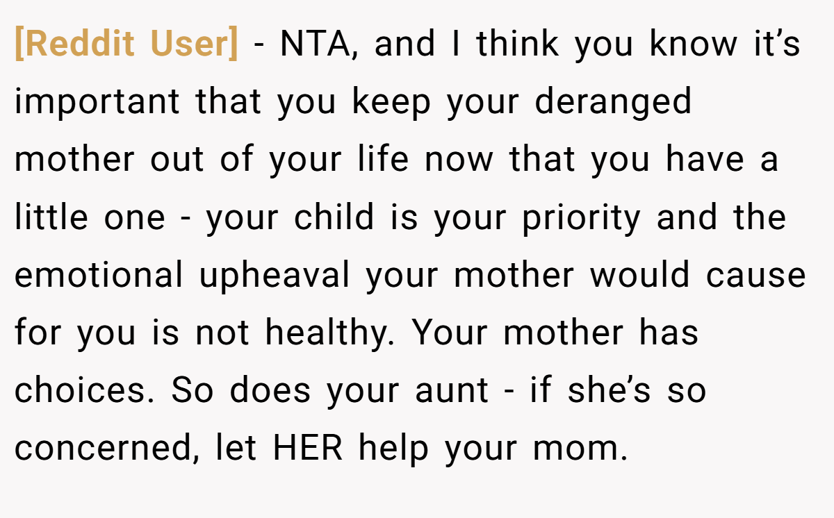 [Reddit User] − NTA, and I think you know it’s important that you keep your deranged mother out of your life now that you have a little one - your child is your priority and the emotional upheaval your mother would cause for you is not healthy. Your mother has choices. So does your aunt - if she’s so concerned, let HER help your mom.