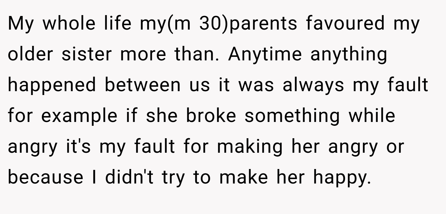My whole life my(m 30)parents favoured my older sister more than. Anytime anything happened between us it was always my fault for example if she broke something while angry it's my fault for making her angry or because I didn't try to make her happy.