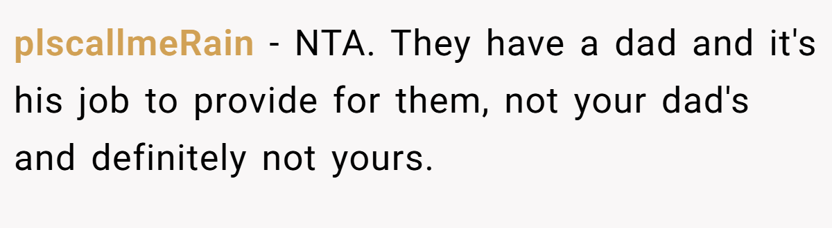 plscallmeRain − NTA. They have a dad and it's his job to provide for them, not your dad's and definitely not yours.