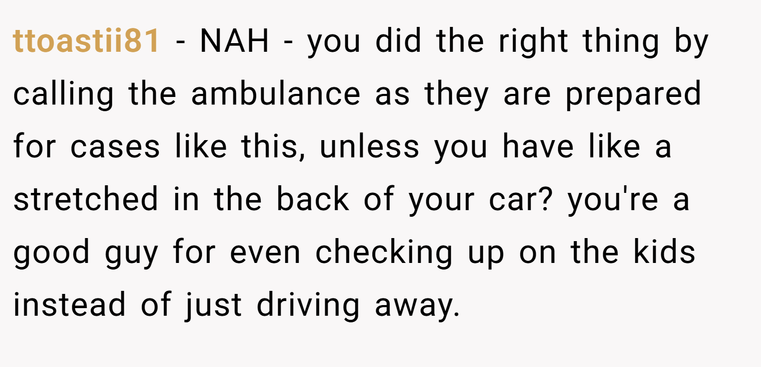 ttoastii81 − NAH - you did the right thing by calling the ambulance as they are prepared for cases like this, unless you have like a stretched in the back of your car? you're a good guy for even checking up on the kids instead of just driving away.