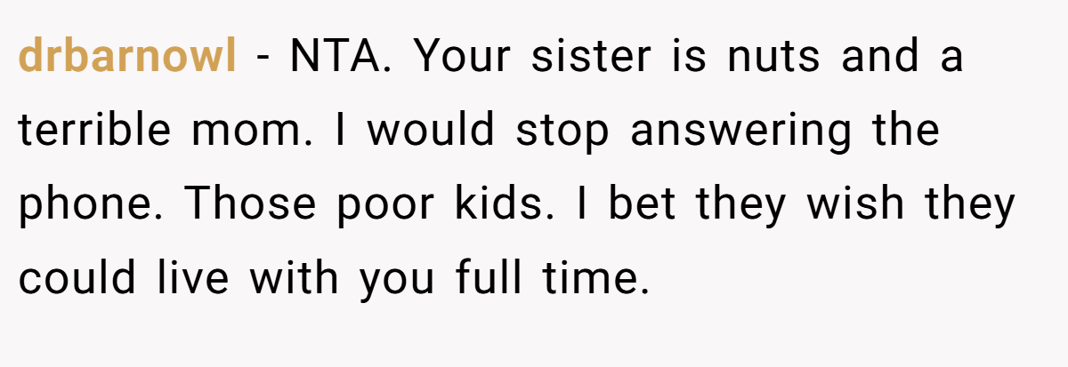 drbarnowl − NTA. Your sister is nuts and a terrible mom. I would stop answering the phone. Those poor kids. I bet they wish they could live with you full time.