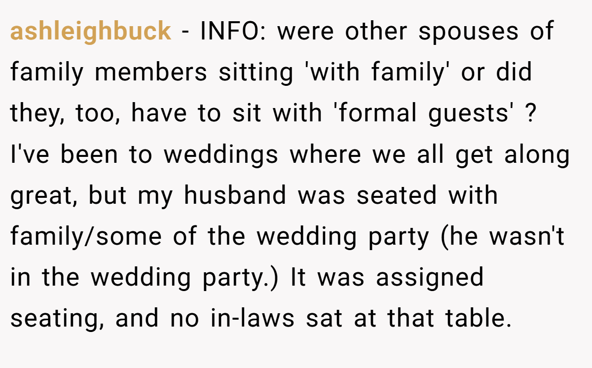 ashleighbuck − INFO: were other spouses of family members sitting 'with family' or did they, too, have to sit with 'formal guests' ? I've been to weddings where we all get along great, but my husband was seated with family/some of the wedding party (he wasn't in the wedding party.) It was assigned seating, and no in-laws sat at that table.