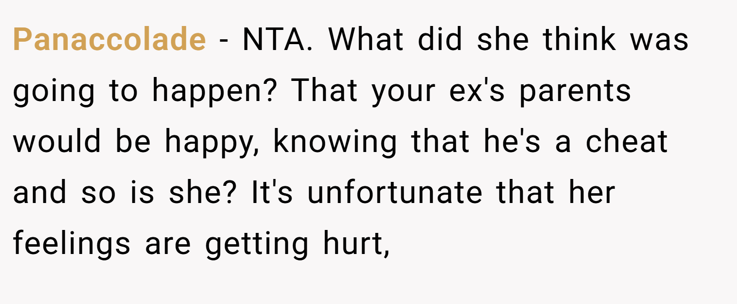 Panaccolade − NTA. What did she think was going to happen? That your ex's parents would be happy, knowing that he's a cheat and so is she? It's unfortunate that her feelings are getting hurt,