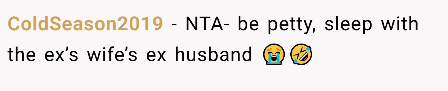 ColdSeason2019 − NTA- be petty, sleep with the ex’s wife’s ex husband 😭🤣