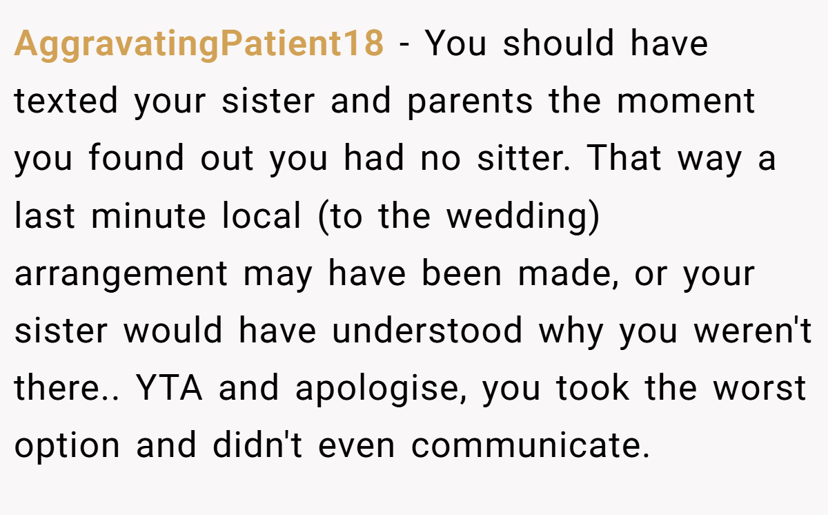 AggravatingPatient18 − You should have texted your sister and parents the moment you found out you had no sitter. That way a last minute local (to the wedding) arrangement may have been made, or your sister would have understood why you weren't there.. YTA and apologise, you took the worst option and didn't even communicate.