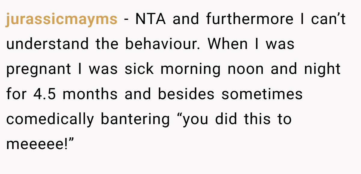 jurassicmayms - NTA and furthermore I can’t understand the behaviour. When I was pregnant I was sick morning noon and night for 4.5 months and besides sometimes comedically bantering “you did this to meeeee!”