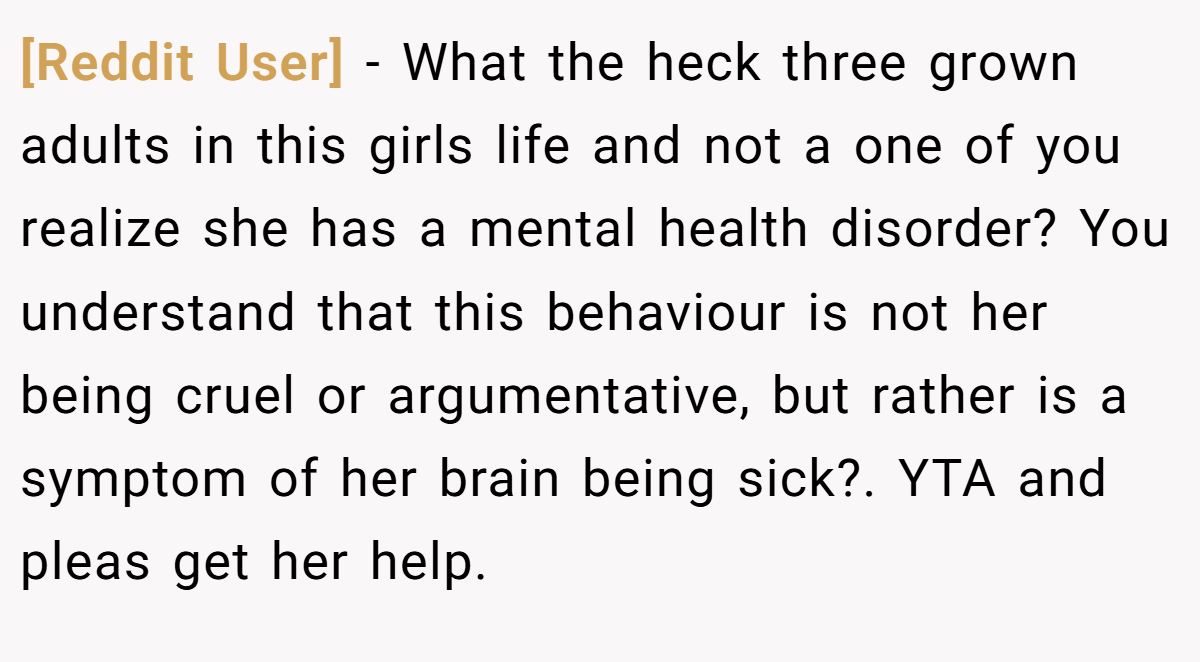 [Reddit User] − What the heck three grown adults in this girls life and not a one of you realize she has a mental health disorder? You understand that this behaviour is not her being cruel or argumentative, but rather is a symptom of her brain being sick?. YTA and pleas get her help.