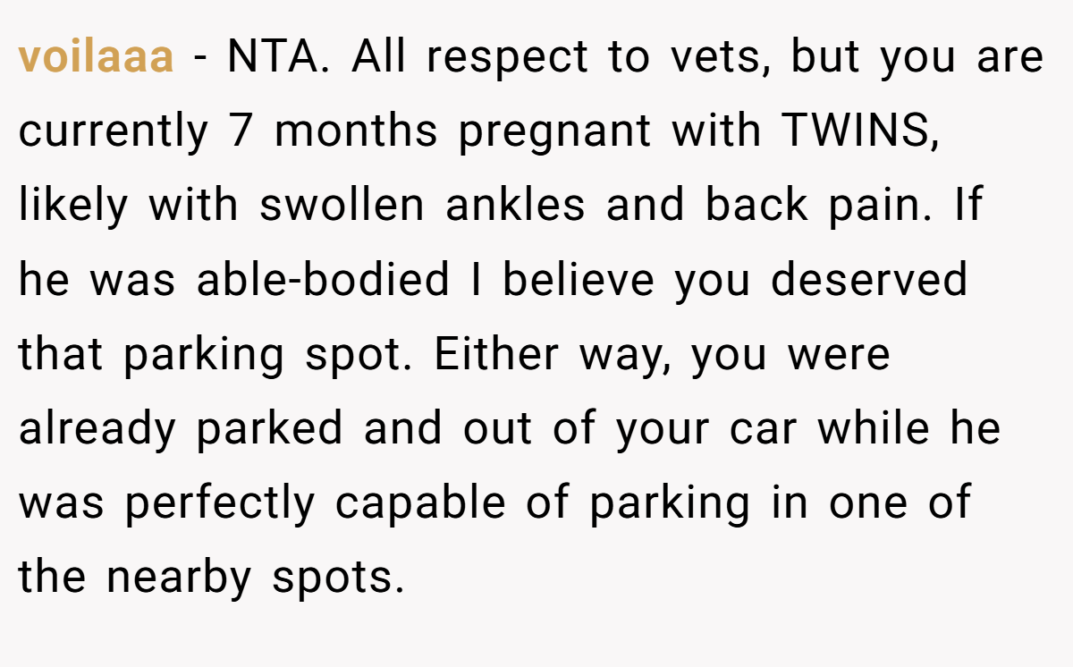 voilaaa − NTA. All respect to vets, but you are currently 7 months pregnant with TWINS, likely with swollen ankles and back pain. If he was able-bodied I believe you deserved that parking spot. Either way, you were already parked and out of your car while he was perfectly capable of parking in one of the nearby spots.