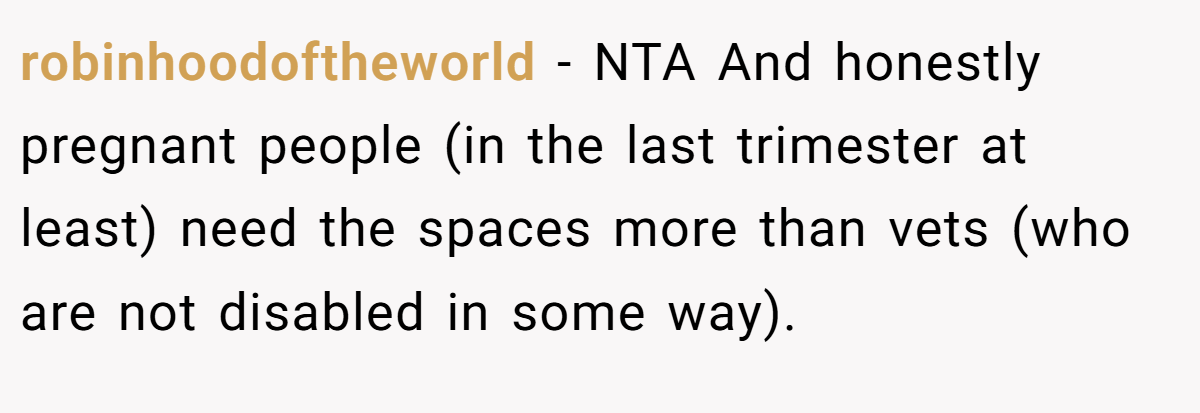 robinhoodoftheworld − NTA And honestly pregnant people (in the last trimester at least) need the spaces more than vets (who are not disabled in some way).