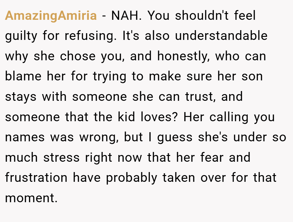 AmazingAmiria − NAH. You shouldn't feel guilty for refusing. It's also understandable why she chose you, and honestly, who can blame her for trying to make sure her son stays with someone she can trust, and someone that the kid loves? Her calling you names was wrong, but I guess she's under so much stress right now that her fear and frustration have probably taken over for that moment.