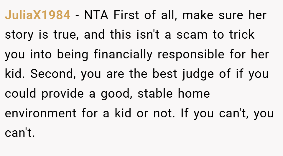JuliaX1984 − NTA First of all, make sure her story is true, and this isn't a scam to trick you into being financially responsible for her kid. Second, you are the best judge of if you could provide a good, stable home environment for a kid or not. If you can't, you can't.