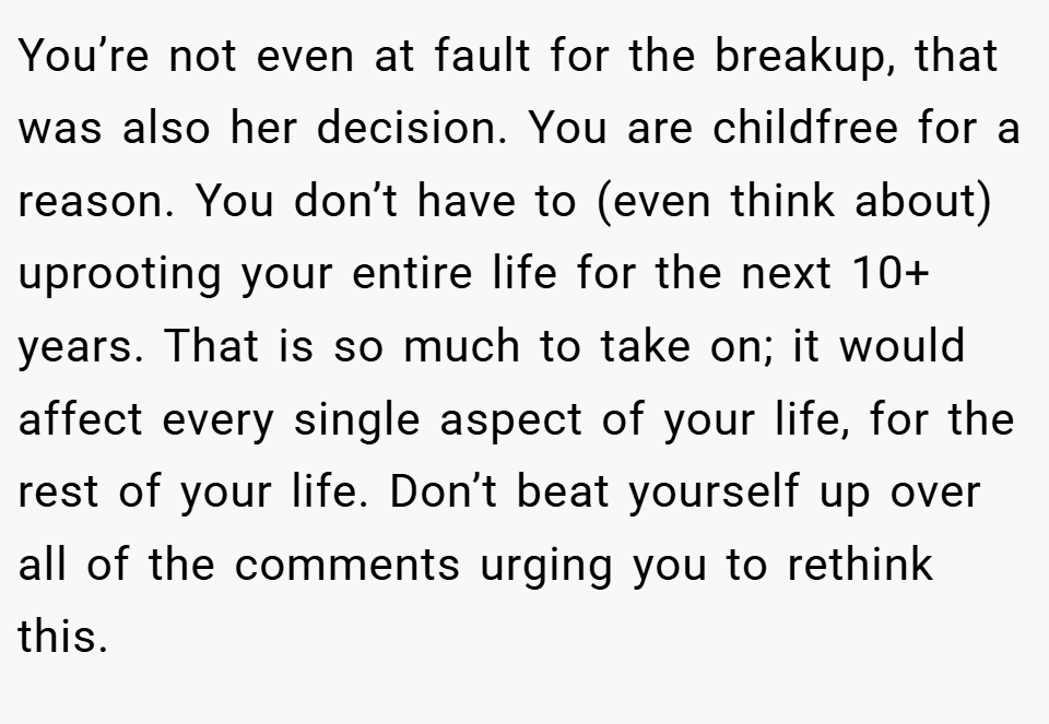 You’re not even at fault for the breakup, that was also her decision. You are childfree for a reason. You don’t have to (even think about) uprooting your entire life for the next 10+ years. That is so much to take on; it would affect every single aspect of your life, for the rest of your life. Don’t beat yourself up over all of the comments urging you to rethink this.