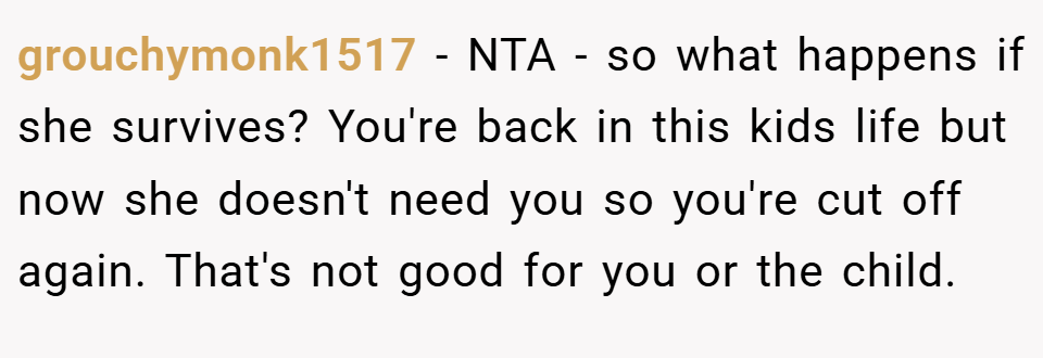 grouchymonk1517 − NTA - so what happens if she survives? You're back in this kids life but now she doesn't need you so you're cut off again. That's not good for you or the child.