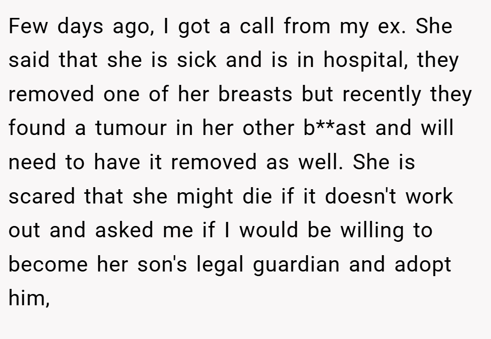 Few days ago, I got a call from my ex. She said that she is sick and is in hospital, they removed one of her breasts but recently they found a tumour in her other b**ast and will need to have it removed as well. She is scared that she might die if it doesn't work out and asked me if I would be willing to become her son's legal guardian and adopt him,