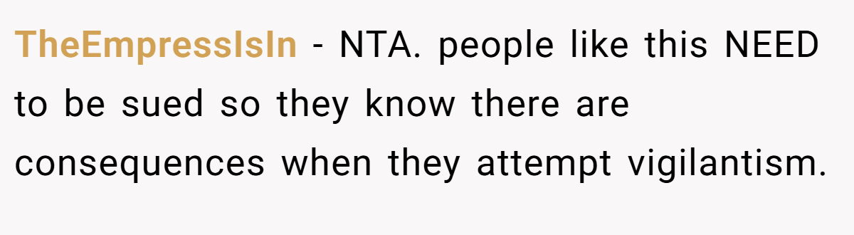 TheEmpressIsIn − NTA. people like this NEED to be sued so they know there are consequences when they attempt vigilantism.