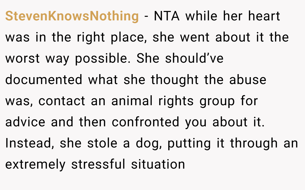 StevenKnowsNothing − NTA while her heart was in the right place, she went about it the worst way possible. She should’ve documented what she thought the abuse was, contact an animal rights group for advice and then confronted you about it. Instead, she stole a dog, putting it through an extremely stressful situation