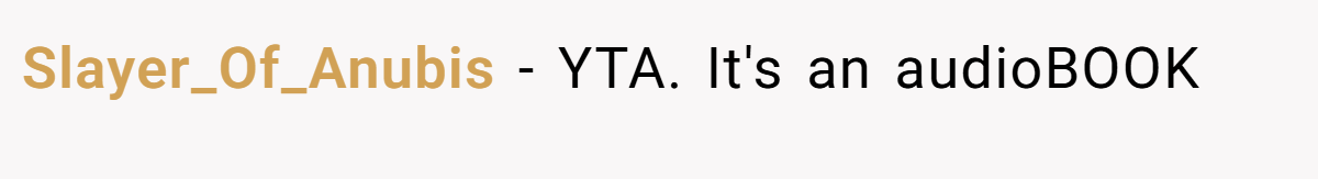 Slayer_Of_Anubis − YTA. It's an audioBOOK