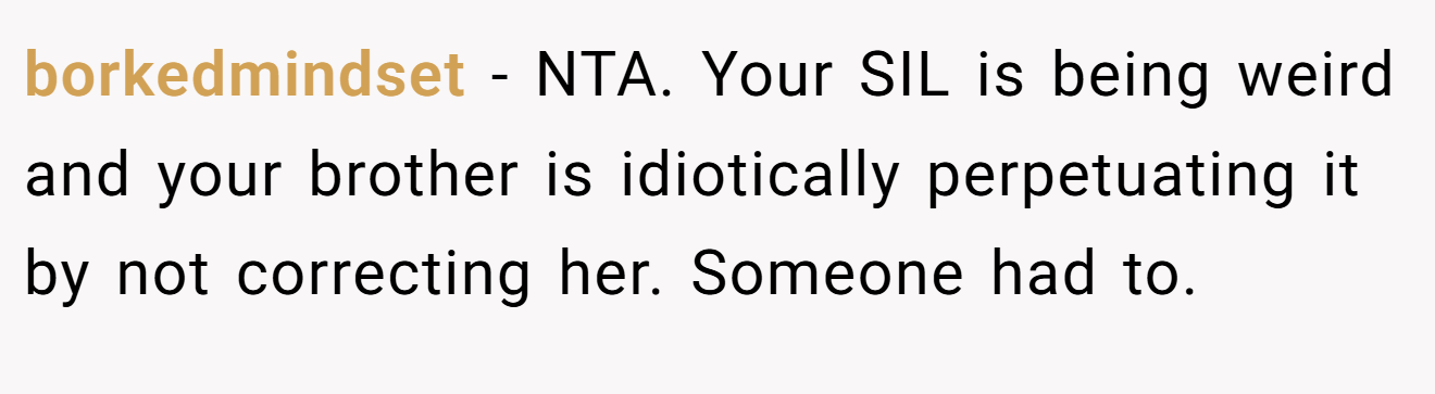borkedmindset - NTA. Your SIL is being weird and your brother is idiotically perpetuating it by not correcting her. Someone had to.