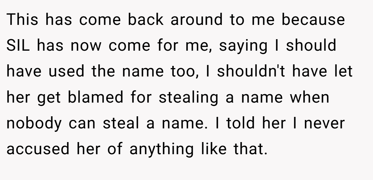 This has come back around to me because SIL has now come for me, saying I should have used the name too, I shouldn't have let her get blamed for stealing a name when nobody can steal a name. I told her I never accused her of anything like that.